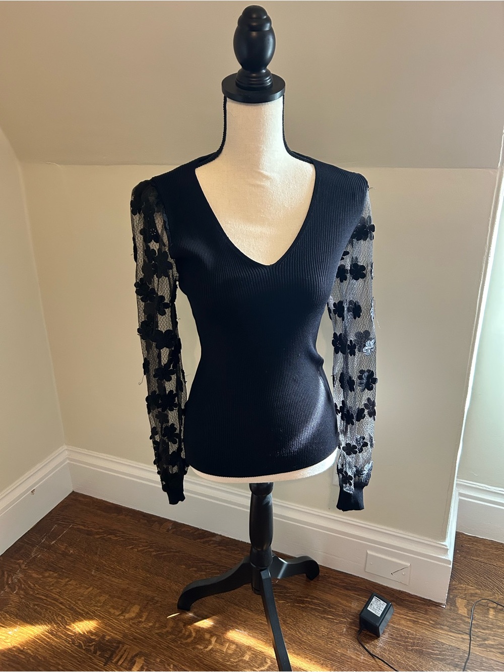 Elie Tahari Black V-Neck Sweater with Sheer Floral Long Sleeves